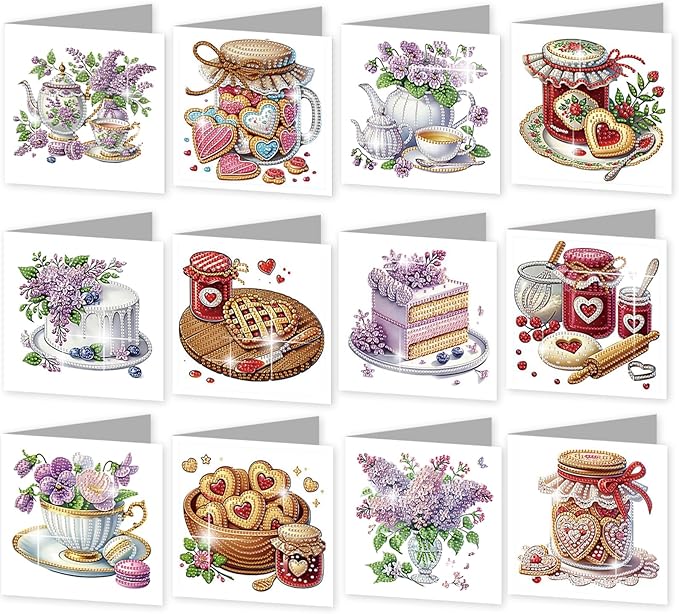 jinglinhh 12pcs Valentine's Day Diamond Art Painting Love Heart Cookies Cakes Afternoon Tea Flowers Greeting Cards with Envelopes, DIY Card Making Kits for Adults, Diamond Art Birthday Holiday Cards Craft Gifts