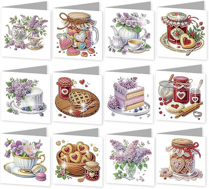 jinglinhh 12pcs Valentine's Day Diamond Art Painting Love Heart Cookies Cakes Afternoon Tea Flowers Greeting Cards with Envelopes, DIY Card Making Kits for Adults, Diamond Art Birthday Holiday Cards Craft Gifts
