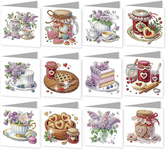 jinglinhh 12pcs Valentine's Day Diamond Art Painting Love Heart Cookies Cakes Afternoon Tea Flowers Greeting Cards with Envelopes, DIY Card Making Kits for Adults, Diamond Art Birthday Holiday Cards Craft Gifts