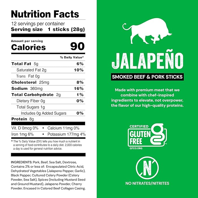 Chef’s Cut Real Snack Sticks | High Protein Meat Snack Sticks with 8g Protein, Gluten Free, Keto-Friendly| Premium Smoked Beef & Pork Blend | Jalapeño Heat | 1 oz Stick (12-Count Bag)
