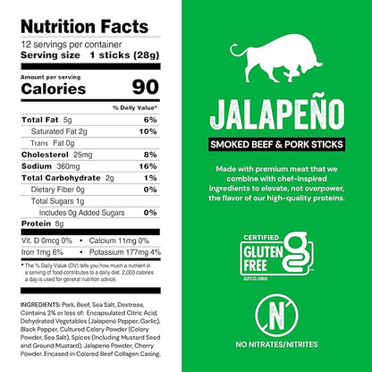 Chef’s Cut Real Snack Sticks | High Protein Meat Snack Sticks with 8g Protein, Gluten Free, Keto-Friendly| Premium Smoked Beef & Pork Blend | Jalapeño Heat | 1 oz Stick (12-Count Bag)
