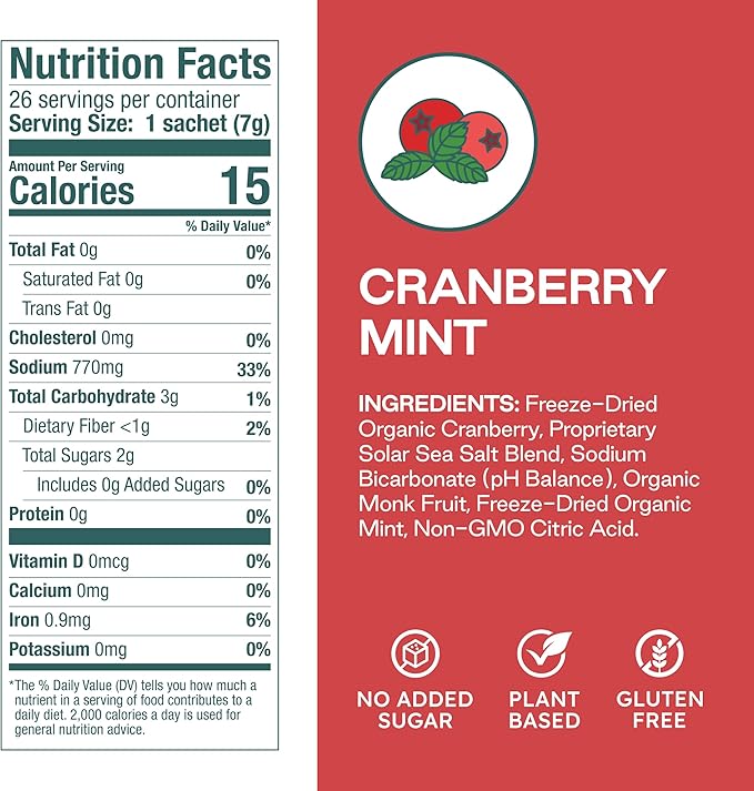 Organic Cranberry Mint Hydration Powder Packets with Solar Sea Salts & Organic Freeze-Dried Fruit for Instant Hydration, No Added Sugar Electrolytes, 26 Packets