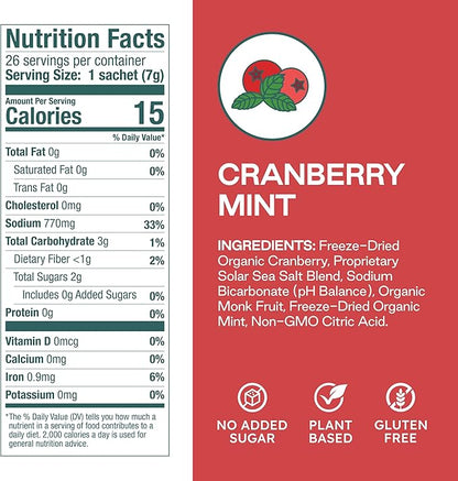 Organic Cranberry Mint Hydration Powder Packets with Solar Sea Salts & Organic Freeze-Dried Fruit for Instant Hydration, No Added Sugar Electrolytes, 26 Packets