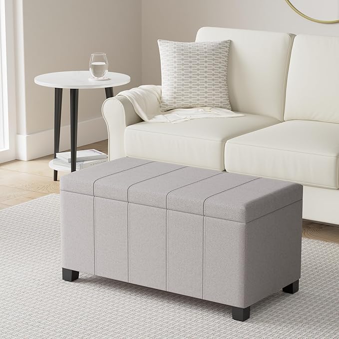 SIMPLIHOME Dover 36 inch Wide Contemporary Rectangle Storage Ottoman Bench in Cloud Grey Linen Look Fabric, Assembled, For the Living Room, Entryway and Family Room