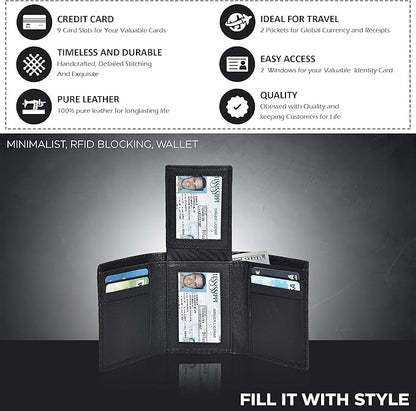 Real Leather Mens Trifold Wallet RFID Blocking Slim Minimalist Front Pocket - Thin & Stylish with ID Window in Gift Box