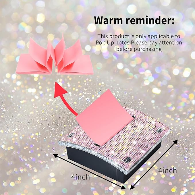Rhinestone Self Sticky Note Holder Post it Note Dispenser Pop-Up Sticky Notes Dispenser 3 x 3 inch Post it Dispenser for Office Desk Accessories(Pink)
