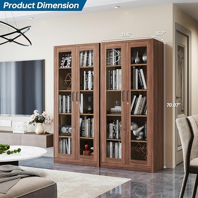 Display Storage Cabinet with Glass Door, 71 Inches Metal Curio Cabinet with 4 Adjustable Shelves, Locking Glass Display Case for Home, Office, Clinic, Pantry, Assemble Required (Wood Color)