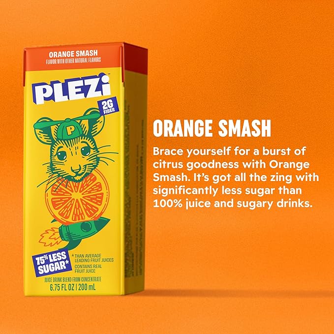 PLEZi Fruit Juice Boxes For Kids, Orange Smash – Low Sugar Drinks with Dietary Fiber, Healthy Vitamin C, and Potassium Electrolytes – 6.75 Fl Oz (Pack of 32)