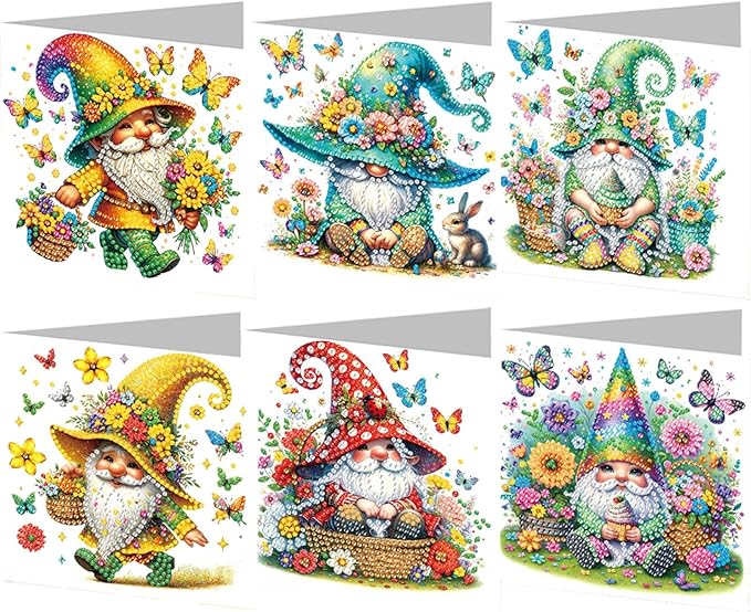6pcs DIY Gnome Butterfly Diamond Art Painting Greeting Cards Kit, Rhinestone Art Holiday Birthday Card Set with Envelopes, DIY Festival Craft for Girlfriend, Christmas Valentine Gift Making Supplies