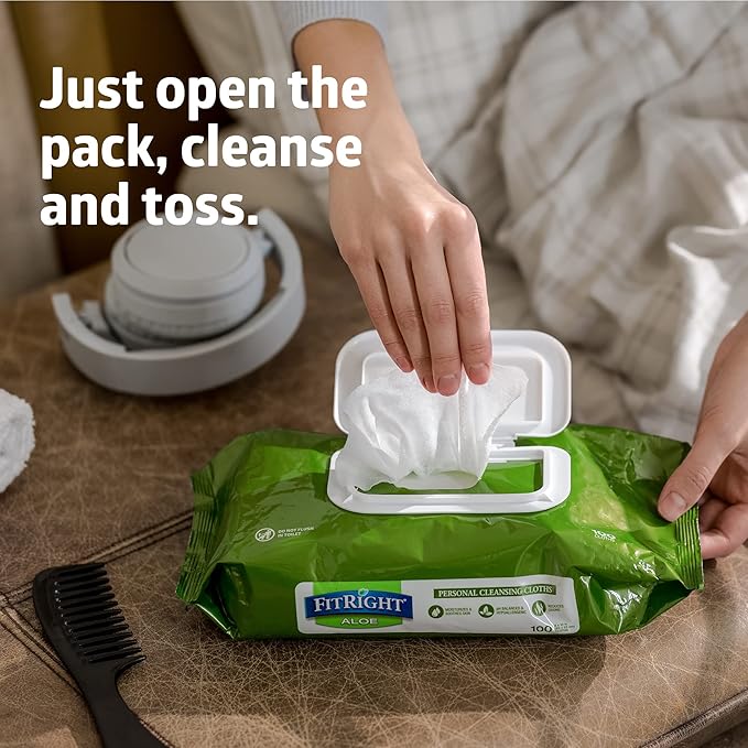FitRight Personal Cleansing Wipes with Aloe (8x10 inch) | 600 Pieces Moisturizing Body Wipes for Adults Bathing and Incontinence Cleaning | Scented Cloth Adult Wipes for Elderly Care