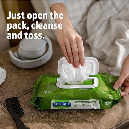 FitRight Personal Cleansing Wipes with Aloe (8x10 inch) | 600 Pieces Moisturizing Body Wipes for Adults Bathing and Incontinence Cleaning | Scented Cloth Adult Wipes for Elderly Care