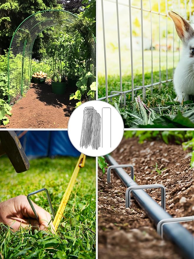 GROWNEER 8 Inch 50 Pack Landscape Staples Heavy Duty 11 Gauge Galvanized Steel Garden Stakes Securing Pegs for Securing Weed Fabric Landscape Fabric Netting Ground Sheets and Fleece