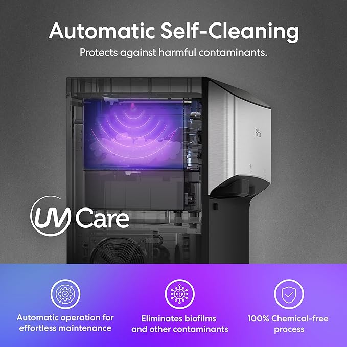 Brio 520 Water Dispenser for 5 Gallon Bottle with Ice Maker Bottom Load | UV Self Cleaning Technology, LED Touch Display with Digital Clock, Night Light, Child Safety Lock | 2X Fast Dispense