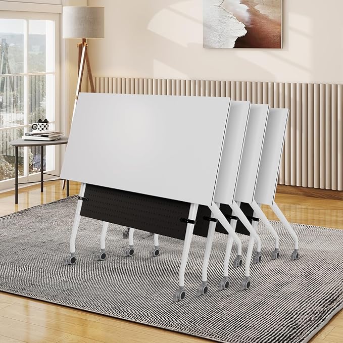 Conference Room Table, 55 Inch Folding Conference Tables with Wheels, Modern Office Meeting Table, Easy Flip & Nest Design, Rectangular Seminar Tables with Metal Frame for 2-24 People(H 4PCS)