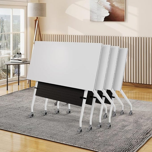 Conference Room Table, 55 Inch Folding Conference Tables with Wheels, Modern Office Meeting Table, Easy Flip & Nest Design, Rectangular Seminar Tables with Metal Frame for 2-24 People(H 4PCS)