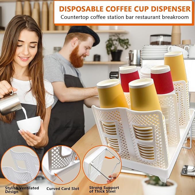 Coffee Cup Organizer Holder, CIT ZCFYU Adjustable Cup and Lid Storage Rack,6 Slots Disposable Paper Cup Dispenser fits 8-22oz,Plastic Cup Stand for Coffee Station Bar Countertop Home Kitchen,White