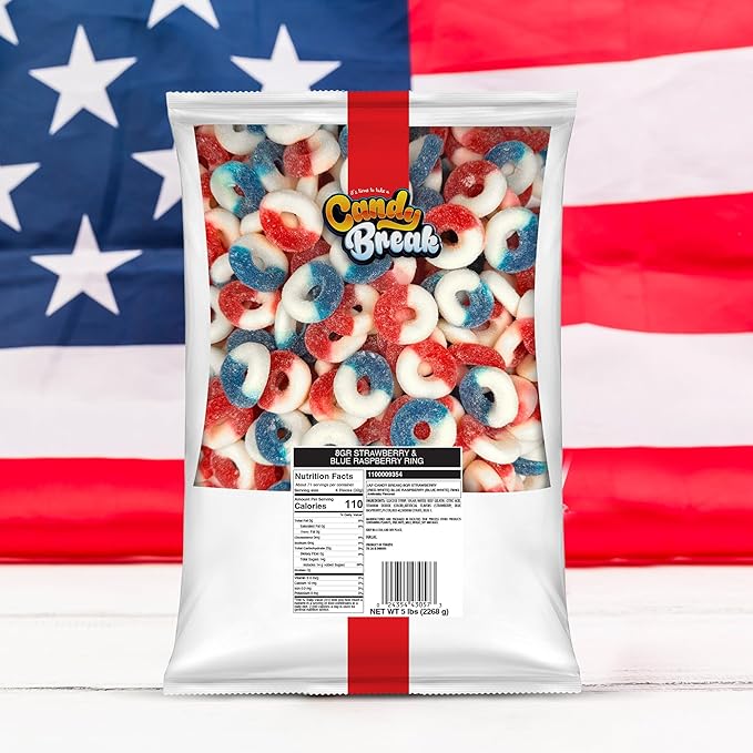 Candy Break Strawberry & Blue Raspberry Rings Bulk Gummy Candy, 5 lbs Bag, Share Size Bags - Sweet & Chewy Snacks for Kids & Grown Ups, Party Size (Pack of 1)