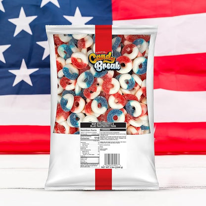 Candy Break Strawberry & Blue Raspberry Rings Bulk Gummy Candy, 5 lbs Bag, Share Size Bags - Sweet & Chewy Snacks for Kids & Grown Ups, Party Size (Pack of 1)