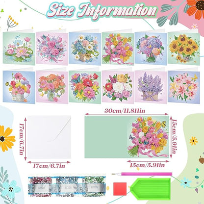 Saillong 12 Pack Flower Diamond Painting Greeting Card Kits DIY Pastel Flower Diamond Art Cards with Envelopes Floral 5d Rhinestones Paint Card for Adults DIY Craft Family Friend Birthday Xmas Gifts