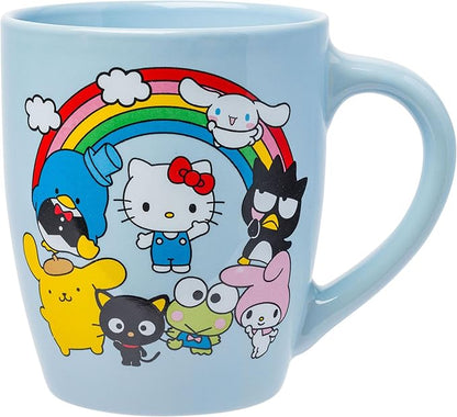 Silver Buffalo Sanrio Hello Kitty and Friends Featuring Badtz-Maru, My Melody, Cinnamoroll, Pompompurin, Tuxedo Sam, Keroppi, and Chococat Rainbow Jumbo Curved Ceramic Mug, 25 Ounces