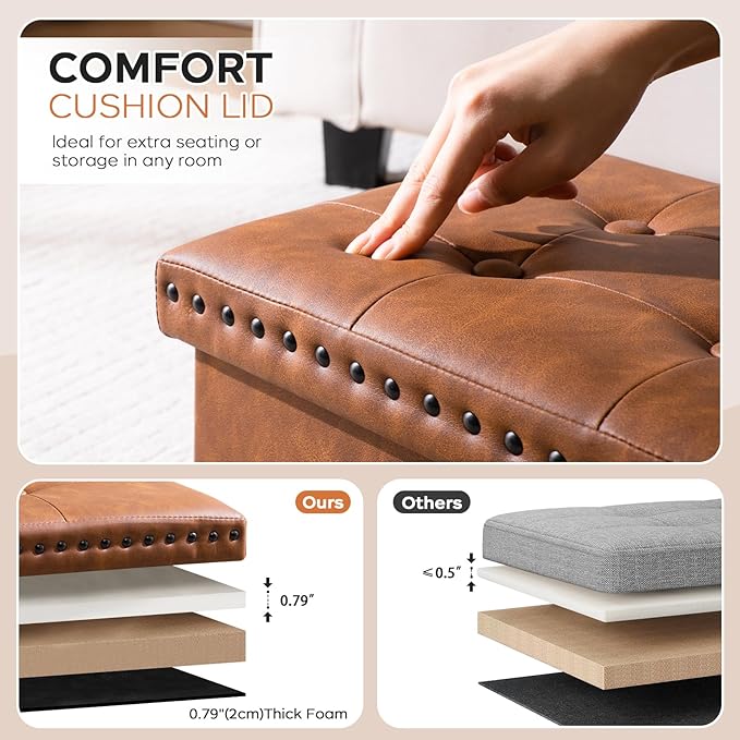 30 Inches Folding Storage Ottoman Bench, Ottoman PU Leather Tuffed End of Bed Bench, Foot Rest with Rivet Design, Ottoman with Storage, Load 330 lb, for Living Room, Bedroom, Entryway, Brown