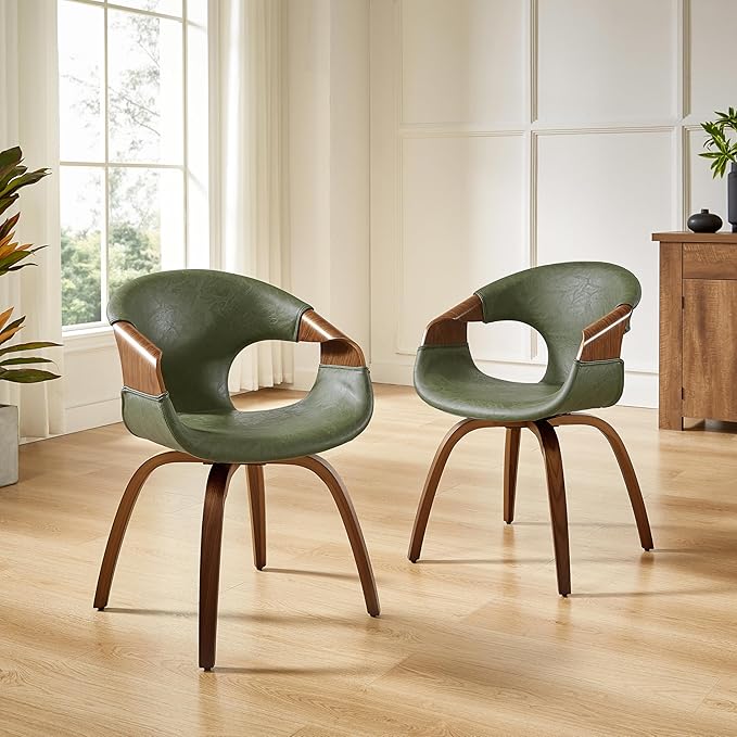 Art Leon Desk Chair No Wheels Set of 2, Mid Century Modern Office Chair, Faux Leather Upholstered Swive Chair with Wood Legs for Living Room Bedroom, Walnut Bentwood, Green/Walnut