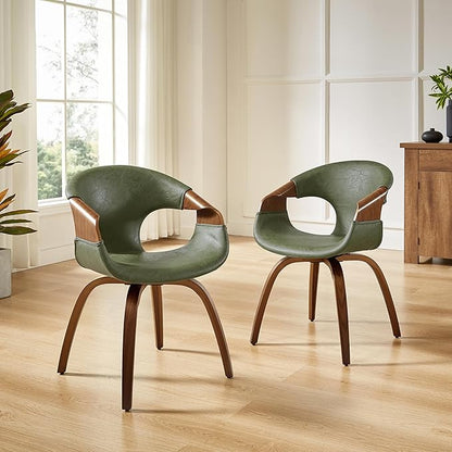 Art Leon Desk Chair No Wheels Set of 2, Mid Century Modern Office Chair, Faux Leather Upholstered Swive Chair with Wood Legs for Living Room Bedroom, Walnut Bentwood, Green/Walnut