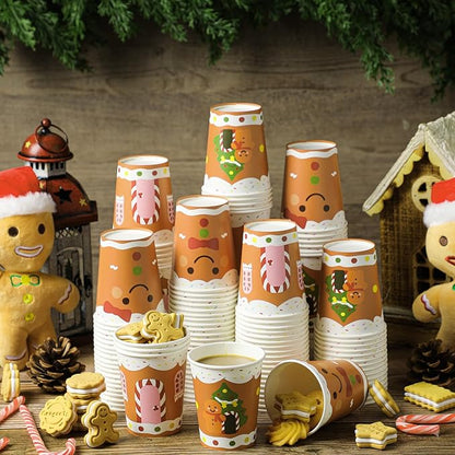 Funtery 100 Pieces Christmas Gingerbread Paper Cups Hot Chocolate Cups Xmas Disposable Coffee Cup Gingerbread Man Christmas Tree Candy Xmas 9 Ounce Drinking Tea Paper for Daily Use Holiday