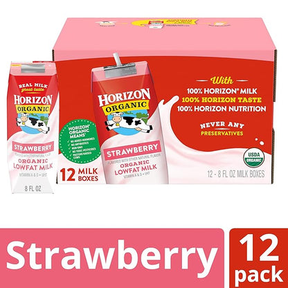 Horizon Organic Shelf Stable 1% Lowfat Strawberry Milk Boxes, 8 fl oz, 12 Count - 8g Protein per Serving, USDA Organic UHT from Pasture-Raised Cows, Ready to Drink for Lunchbox, Travel, or On-the-Go, No Refrigeration Needed