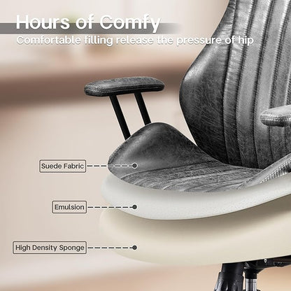 HOOOWOOO Faux Suede Leather Home Office Desk Chair,MCM Modern Ergonomic Task Work Chair,Computer Gaming Chair with Cushion Seat Lumbar Support Reclining High Back for Long Hours(Charcoal Grey)