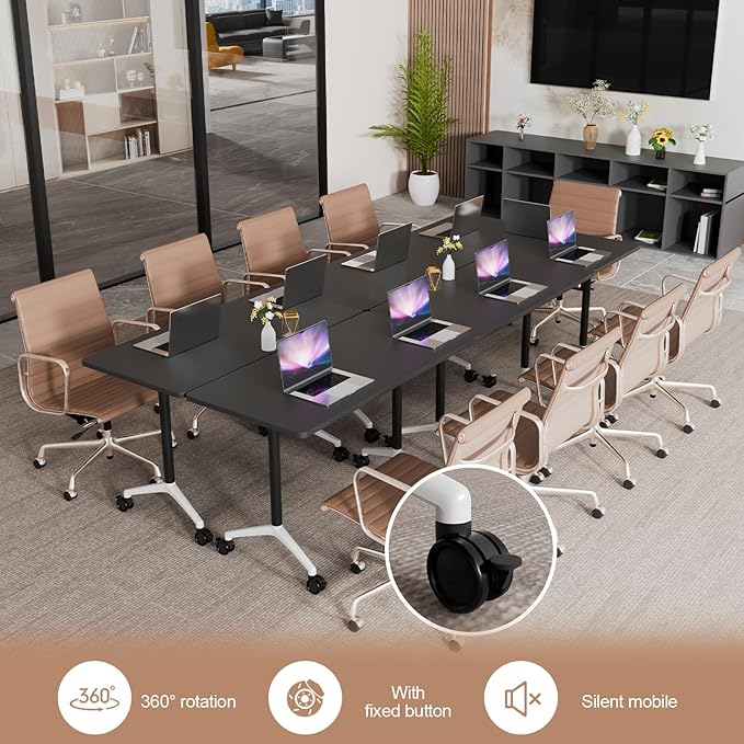 Folding Conference Table, Conference Room Tables Foldable Large Meeting Seminar Table on Wheels,Flip Top Boardroom Training Tables for Office, Classroom,Meeting (4, Black, 70.8)