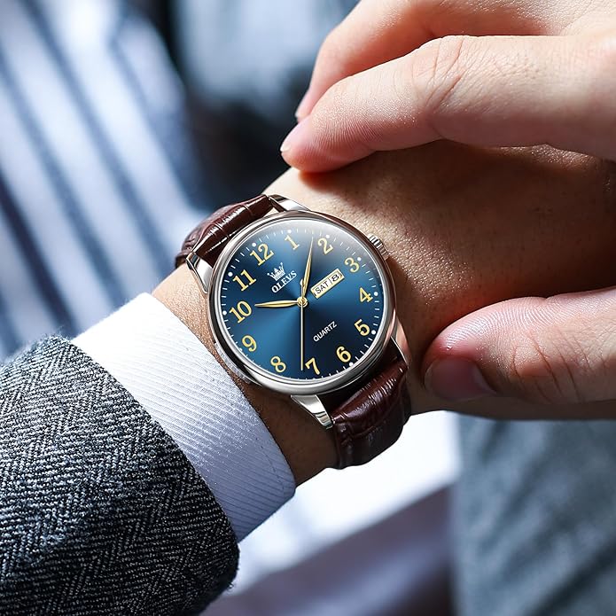 Men's Casual Leather Watch, Easy to Read Three-Hand Analog Stainless Steel Watches for Men, Minimalist Day Date Waterproof Luminous Mens Quartz Wristwatch