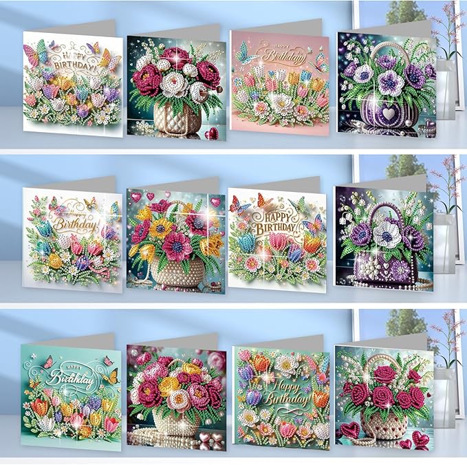 jinglinhh 12pcs Diamond Art Painting Flower Bouquet Handbag Greeting Cards with Envelopes, DIY Card Making Kits for Adults, Diamond Art Postcards Christmas Cards Craft Gifts