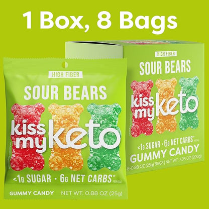 Kiss My Keto Sour Sugar Free Gummy Bears, 16-Pack – Satisfy Cravings while Staying in Ketosis – High Fiber, 6g Net Carbs, Non-GMO, Vegan, & No Gluten – Fruity Sugar Free Gummies