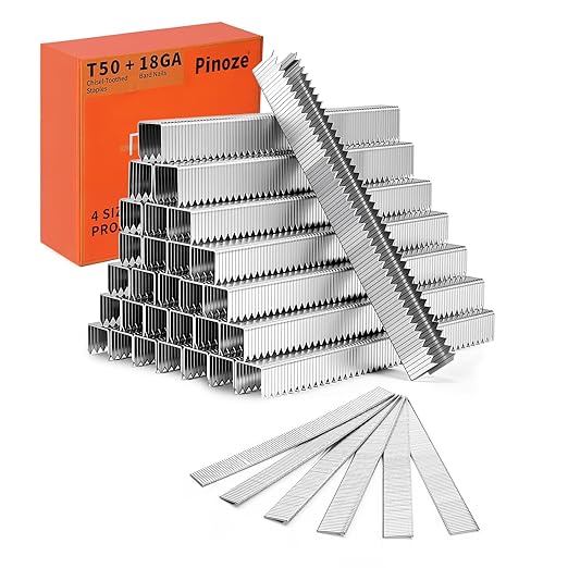 Heavy Duty T50 Staples & 18GA Brad Nails Combo Kit, 7500-Count, 3/8" Crown T50 Staples with Toothed Chisel for Staple Gun (1/4, 3/8, 1/2 Inch) + 18 Gauge Brad Nails (5/8 Inch)