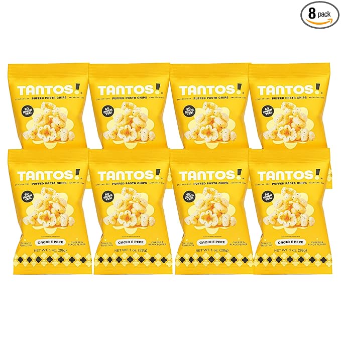 Tantos! Puffed Pasta Chips, Healthy Pasta Snack by Top Chef Joe Sasto, As Seen on Shark Tank, Plant Based, Low Calorie, Crunchy Chips, Variety Pack, Marinara, Pesto, Cacio e Pepe, Classico, Gourmet Bold Flavors, 1 oz 8 Pack of Cacio e Pepe