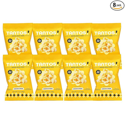 Tantos! Puffed Pasta Chips, Healthy Pasta Snack by Top Chef Joe Sasto, As Seen on Shark Tank, Plant Based, Low Calorie, Crunchy Chips, Variety Pack, Marinara, Pesto, Cacio e Pepe, Classico, Gourmet Bold Flavors, 1 oz 8 Pack of Cacio e Pepe
