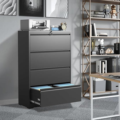 File Cabinets 4 Drawer,Metal Office Storage Filing Cabinet with Lock,Black Lateral Filing Cabinet for Home Office,Horizontal Locking File Cabinet for Legal/Letter/A4 Files,Assembly Required