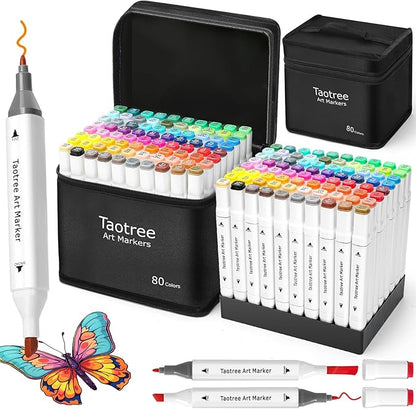 Taotree Alcohol Markers 80 Colors with Case & Holders, Dual Tips Art Coloring Markers Pens Set, Chisel & Fine Sketch Pens Art Supplies for Artist Kids Adult Coloring Book Drawing, Painting, Sketching
