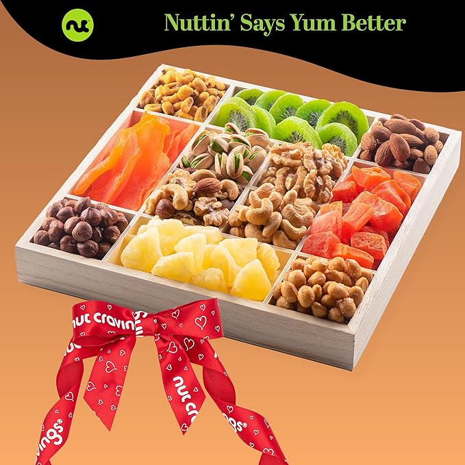 NUT CRAVINGS - Thanksgiving Dried Fruit & Mixed Nuts Gift Basket in Reusable Wooden Tray + Ribbon (12 Assortments) Holiday Xmas Christmas Food Arrangement, Healthy Snack Care Package,