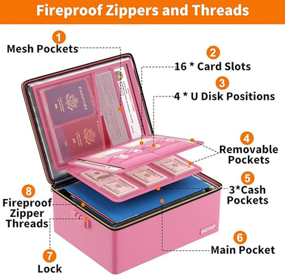 ENGPOW Fireproof Document Box, Hard Case File Box with Fireproof Zipper＆Lock, 6400°F Heat Insulated Fire and Water Resistant File Organizer Storage Safe for Important Documents Laptop Cash, Pink