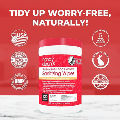 HandyClean Rinse-Free Food Contact Sanitizing Wipes Canister, Multi Surface Cleaning Wipes Cleaning Supplies for Kitchen and Professional Setting 6-Pack (120 Wipes Each)