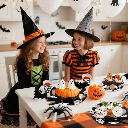 Halloween Disposable Party Tableware for 25 Guests,175pcs Disposable Tableware Set, Including Paper Plates,Paper Cups ,Knives, Forks, Spoons, Suitable for Party Supplies, Birthday Decorations，Black