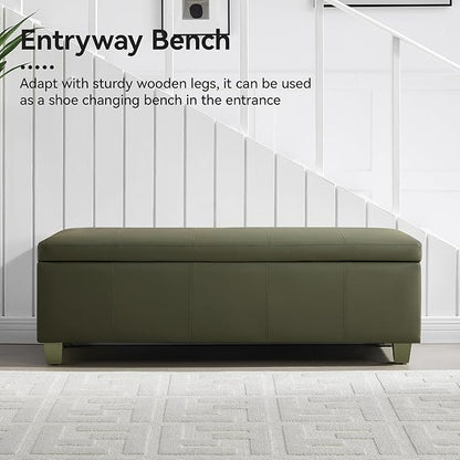 51" Faux Leather Storage Ottoman, Stitch Tufted Rectangle Upholstered End of Bed Storage Bench, Entryway Large Couch Ottoman with Wooden Legs,Green
