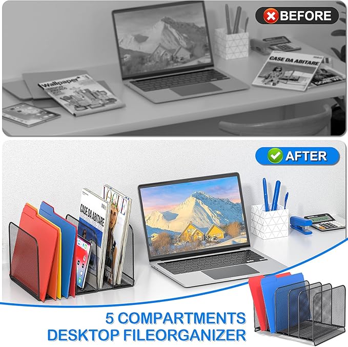 5 Sections Desk File Holder/Rack/Sorter,Mesh File Organizer,File Folder Organizer,Metal Upright Desktop Organization for Documents,Magazine,Kitchenware,Antiskid,Antirust,Sturdy,1 Pack
