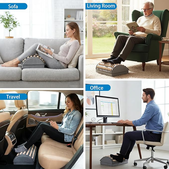 Foot Rest Under Desk at Work, Office Foot Tool Desk Accessories with Washable Cover, Home Spa Massage Wood Foot Acupressure Mat Top, Foam Footrest with 2 Adjustable Heights for Relax (Light Grey)