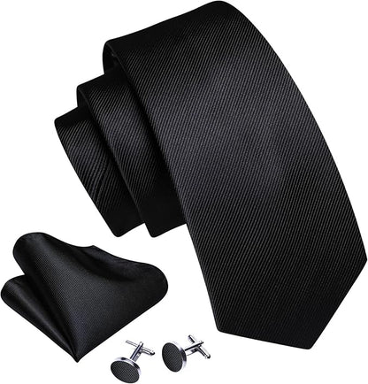 Barry.Wang Tie Sets for Men Silk Solid Necktie Stain Ties Handkerchief Pocket Square Cufflinks Wedding Business Dyed