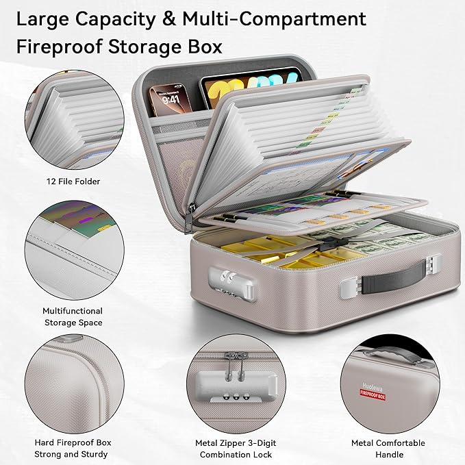 Fireproof Document Box, Hard Case Fireproof Box with Lock, Portable Hard-Shell Fireproof Water Resistant Document Safe for Important Documents, Laptops, Passports, Files and More (Gray)