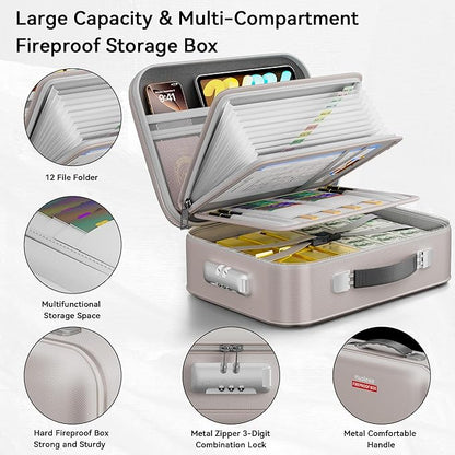 Fireproof Document Box, Hard Case Fireproof Box with Lock, Portable Hard-Shell Fireproof Water Resistant Document Safe for Important Documents, Laptops, Passports, Files and More (Gray)