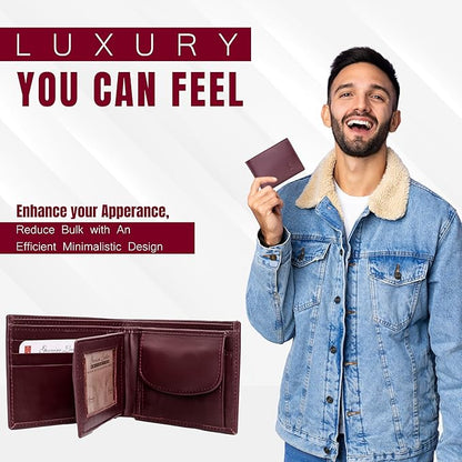 Bifold Wallet for Men with Premium Cowhide Leather Slim Wallet, Minimalist Design, Multiple Card Slots, Stylish Durable Gift-Ready Men’s Wallet (Maroon)
